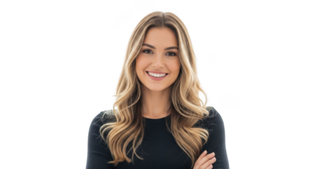 Smiling woman with arms crossed in a black shirt isolated on transparent background