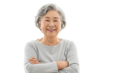 Smiling senior asian woman with arms crossed isolated on transparent background