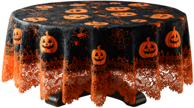 Black lace tablecloth with pumpkin and spider patterns, isolated on white background