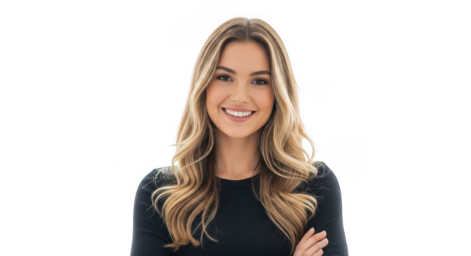 Smiling woman with arms crossed in a black shirt isolated on transparent background