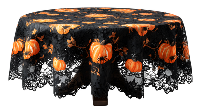 Black lace tablecloth with pumpkin and spider patterns, isolated on white background - Powered by Adobe