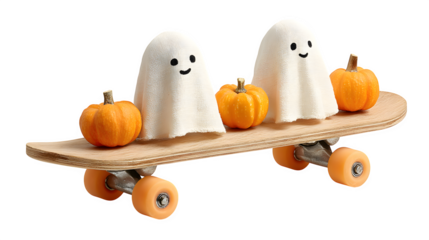 Ghost skateboarding with small pumpkins on board, isolated on white