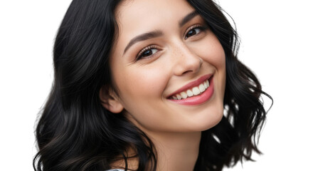 Obraz premium Smiling woman with dark hair looking at camera isolated on transparent background