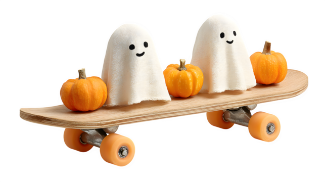 Ghost skateboarding with small pumpkins on board, isolated on white