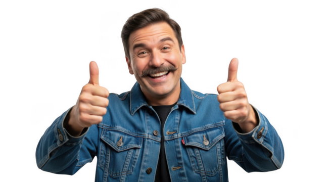 Man with mustache giving thumbs up gesture, wearing denim jacket isolated on transparent background