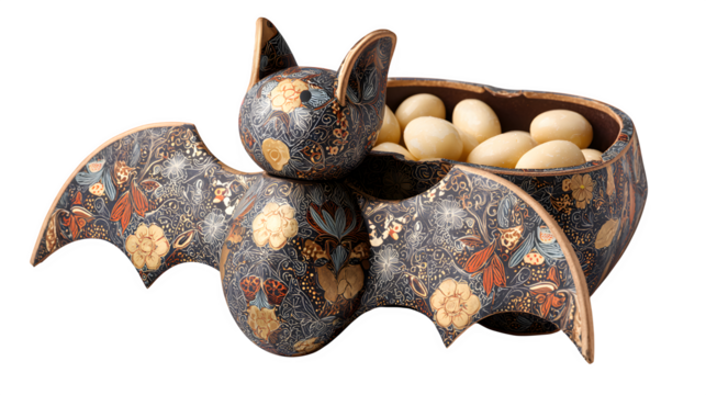 Decorative bat-shaped gift box with candies inside, isolated on white background