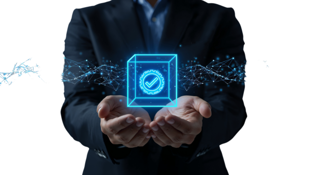 Digital Assurance Presented Glowing Cube Icon in Man's Hands on Transparent Backdrop