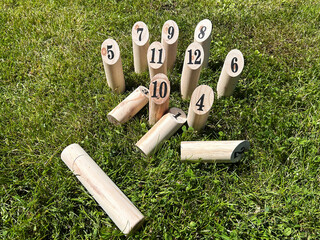 Wooden numbered pins from a lawn game scattered on green grass