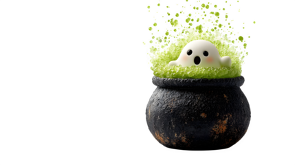 Ghost popping out of a cauldron with bubbling green potion, isolated on white