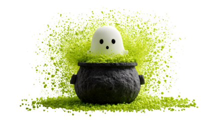 Ghost popping out of a cauldron with bubbling green potion, isolated on white