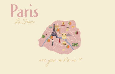 Cute pastel vector map of Paris with landmarks, cafés, and the Eiffel Tower for posters, invitations, or travel blogs.