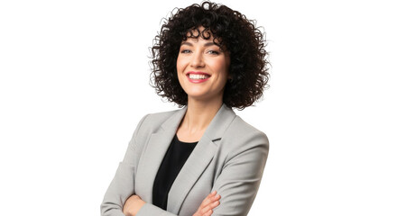 Smiling woman with curly hair in a blazer with arms crossed isolated on transparent background