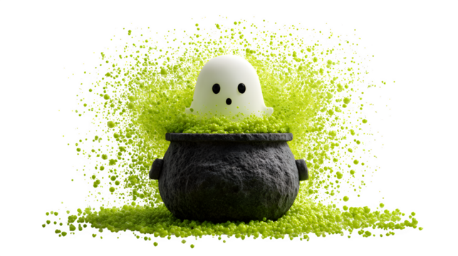 Ghost popping out of a cauldron with bubbling green potion, isolated on white