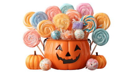 Cartoon pumpkin bucket with oversized lollipops sticking out, isolated on white background