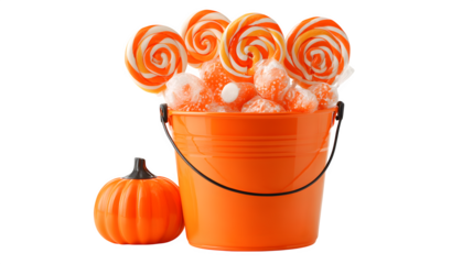 Cartoon pumpkin bucket with oversized lollipops sticking out, isolated on white background