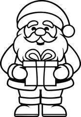 Cartoon Santa Claus holding gift box line art icon. Simple full body vector drawing of happy Santa with a present. Christmas holiday character symbol. Black and white outline illustration isolated.