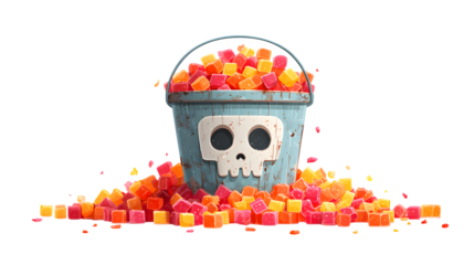 Cartoon candy bucket with skeleton face, overflowing with gummies, isolated on white background