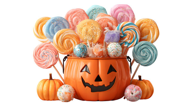 Cartoon pumpkin bucket with oversized lollipops sticking out, isolated on white background - Powered by Adobe