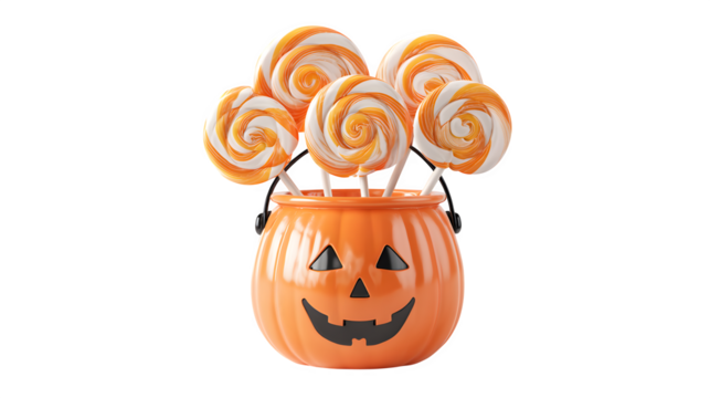 Cartoon pumpkin bucket with oversized lollipops sticking out, isolated on white background