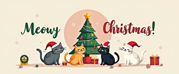 Cute cats wearing santa hats celebrate christmas with a decorated tree and presents, wishing everyone a meowy christmas in a festive and charming illustration