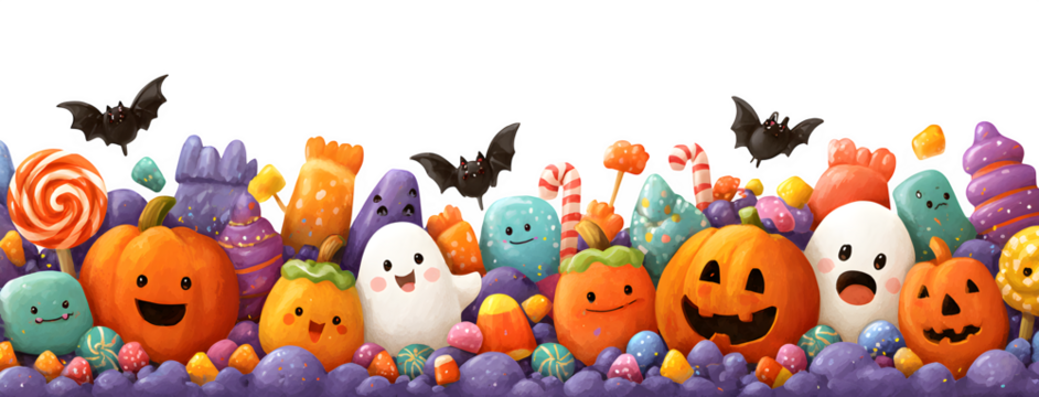 Cartoon strip of candy explosion with pumpkins, ghosts, lollipops, and bats, isolated on white