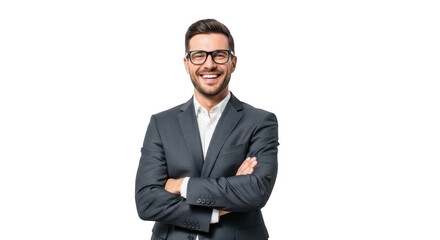 Smiling businessman in suit with arms crossed isolated on transparent background