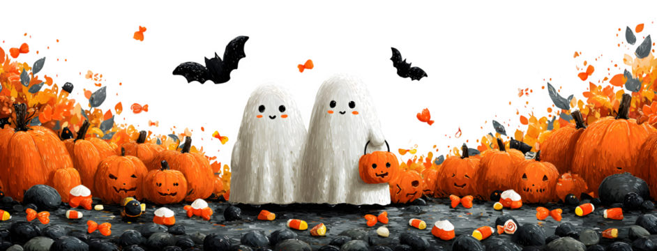Cute wide composition ghost family carrying pumpkins, bats flying, candy scattered, isolated on white