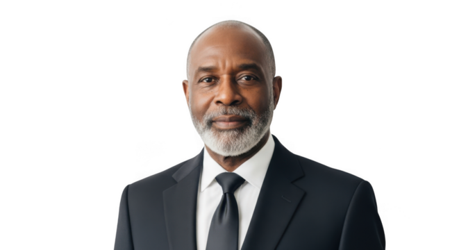 Portrait of a mature man in suit and tie looking at camera isolated on transparent background