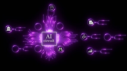 Glowing purple circuit board with ai chip and connected icons representing finance technology and...