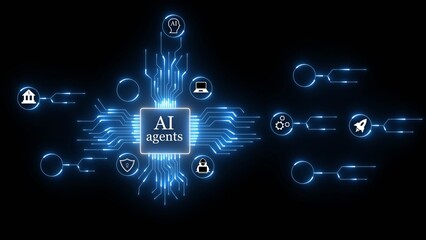 Artificial intelligence agents network with icons for banking security technology and launch image
