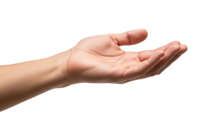 Open human hand offering or receiving something isolated on transparent background