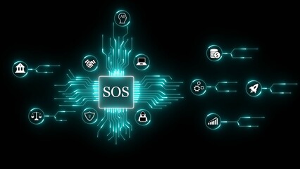 Digital circuit board with sos text and surrounding icons representing finance technology and security