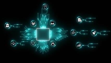 A central glowing circuit board with interconnected icons representing artificial intelligence banking security business and growth