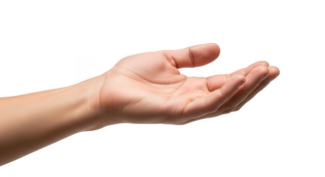 Open human hand offering or receiving something isolated on transparent background