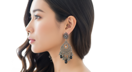 Profile view of a woman wearing ornate earrings isolated on transparent background