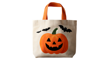 Black Halloween tote bag gift with pumpkin and bat print, isolated on white background