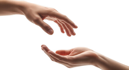 Two hands reaching out to each other in a gesture of giving isolated on transparent background