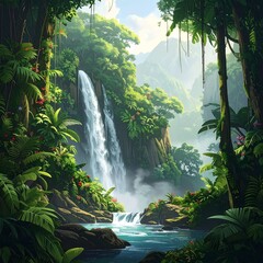 Lush, vibrant rainforest scene with a cascading waterfall and mountains