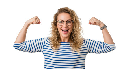 Excited woman flexing her arms, wearing glasses and striped shirt isolated on transparent background