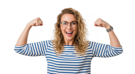 Excited woman flexing her arms, wearing glasses and striped shirt isolated on transparent background