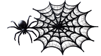 Black spiderweb decoration with plastic spider in center, isolated on white background
