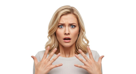 Scared blonde woman with hands up expressing fear and shock isolated on transparent background