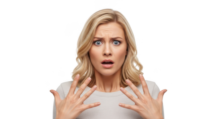 Scared blonde woman with hands up expressing fear and shock isolated on transparent background