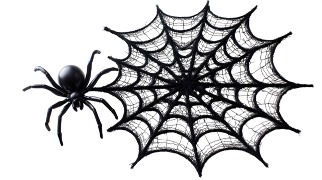 Black spiderweb decoration with plastic spider in center, isolated on white background