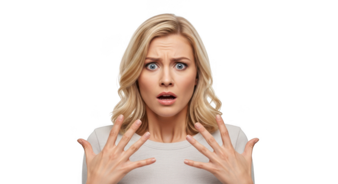 Scared blonde woman with hands up expressing fear and shock isolated on transparent background