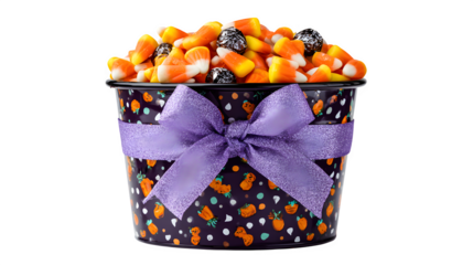 Cute Halloween candy bucket tied with purple ribbon, isolated on white background