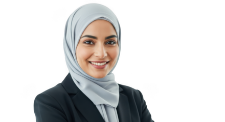 Smiling muslim woman in hijab and business suit isolated on transparent background