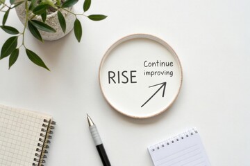 White surface with motivational plate "RISE, Continue improving" with arrow, notepad, pen, & plant