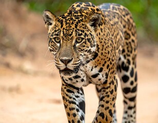 Obraz premium A majestic spotted feline walks towards the camera, showcasing its patterned coat and intense gaze on a sandy path