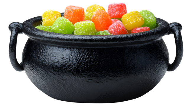 Black cauldron bucket with neon slime candies inside, isolated on white background